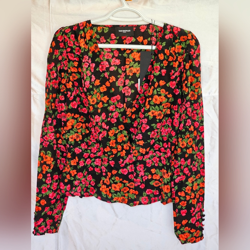 THE KOOPLES Camellia Floral Crossover Silk Blouse
